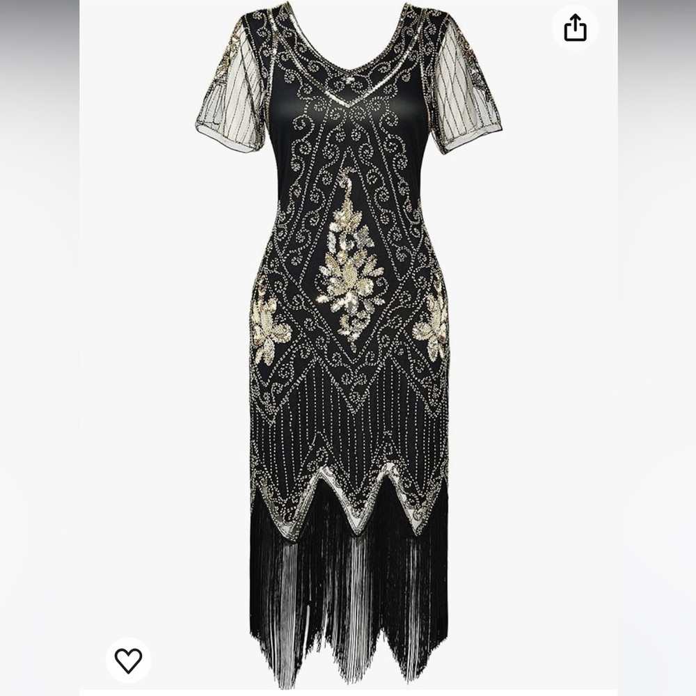 BABEYOND 1920s Fringed Sequin Dress Black and Gold Flapper Fancy Dress Size L